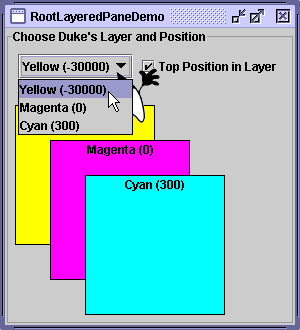 LayeredPaneDemo modified to use the root pane's layered pane