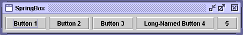 The SpringBox application uses a SpringLayout to produce something similar to what a BoxLayout would produce.